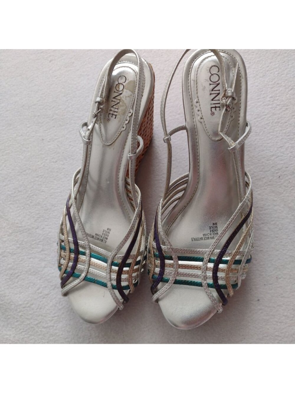 Connie Metallic Strappy Slingback Wedge 8.5 M Silver Straw Sandals - Picture 3 of 11